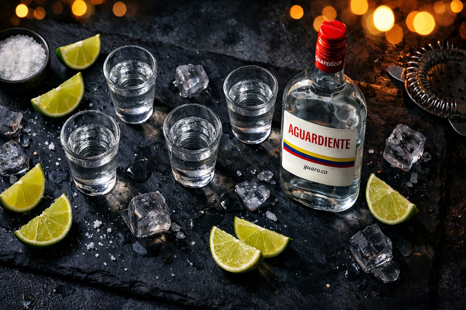 Illustrative aguardiente bottle and shot glasses on dark slate with limes and ice